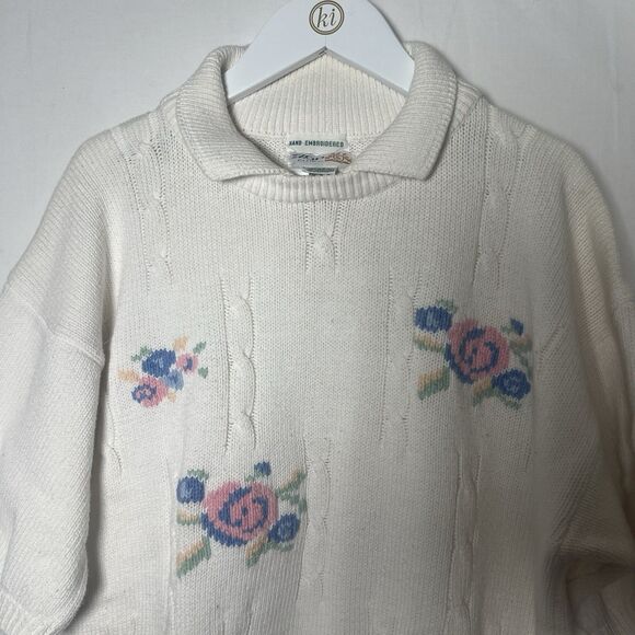 Izod Vintage White Short Sleeve Sweater Cottagecore Preppy Embroidered Knit Sz L - Picture 3 of 8